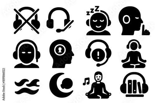 Noise Cancellation Icons. Solid style icons of silence and noise canceling: crossed headphones, muted headset, 
