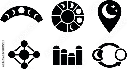 Image Generation. Solid style icons of moon-phase timekeeping: phase progression arc, lunar cycle wheel, night-sky marker,