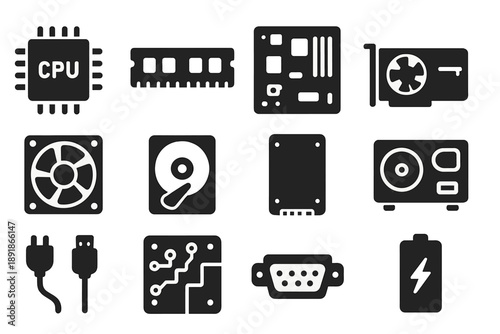 Computer Hardware Icons. Solid style icons of computer hardware: CPU chip, RAM module, motherboard, GPU card, 