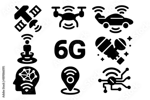 Futuristic Wireless Icons. Solid style icons of futuristic wireless: satellite WiFi, drone signal, flying car network, 