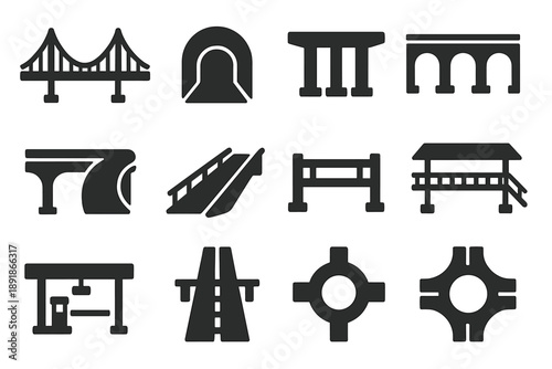 Infrastructure Icon Set. Solid style icons of infrastructure: suspension bridge, tunnel arch, overpass pillars, viaduct, 