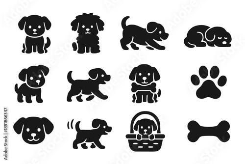 Adorable Puppy Icons. Solid style icons of puppies: small puppy, fluffy puppy, playful puppy, sleeping puppy, curious 