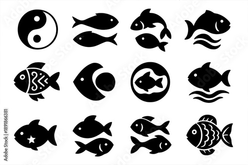 Symbolic Fish Icons. Solid style icons of symbolic fish: yin yang fish, zodiac fish, koi fish, stylized fish, tribal fish, 