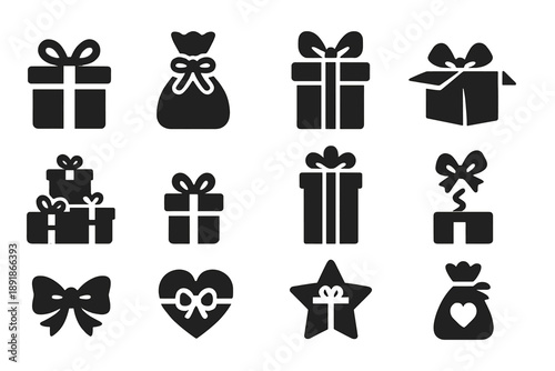 Gift Icons Collection. Solid style icons of gifts: wrapped box, ribboned bag, gift with bow, opened gift, stacked presents, 