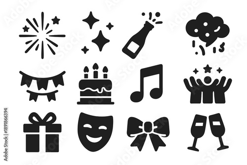 Celebration Icons Collection. Solid style icons of celebration: firework burst, sparkling star, champagne bottle, confetti 