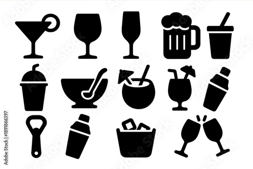 Solid Drink Icons. Solid style icons of drinks: cocktail glass, wine glass, champagne flute, beer mug, soda cup, punch 