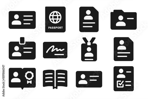 Identity Icon Collection. Solid style icons of Names and identity: ID card, passport, profile document, personal file, name tag, signature card,