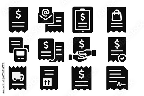 Commerce Icons. Solid style icons of Commerce paperwork: shopping bill, e-receipt, online invoice, retail receipt, POS slip, market transaction paper