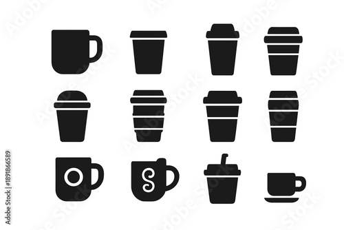 Coffee Cup Icons. Solid style icons of Coffee cups: ceramic mug, paper takeaway cup, glass cup, travel thermos, cup with lid,