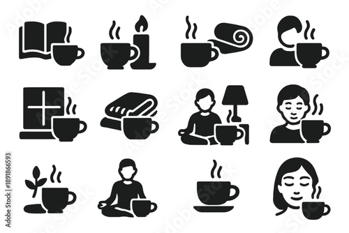 Tea Relaxation Icons. Solid style icons of Relaxation with tea: tea with book, tea with candle, tea with yoga mat, tea by window,