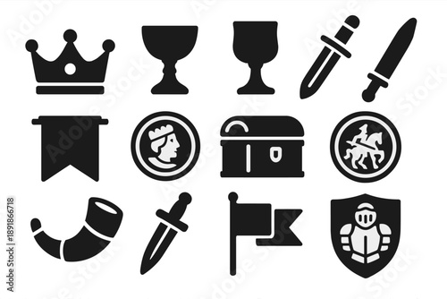 Medieval Icon Collection. Solid style icons of Medieval symbols and artifacts: crown, chalice, goblet, sword sheath, banner, medieval coin, relic chest