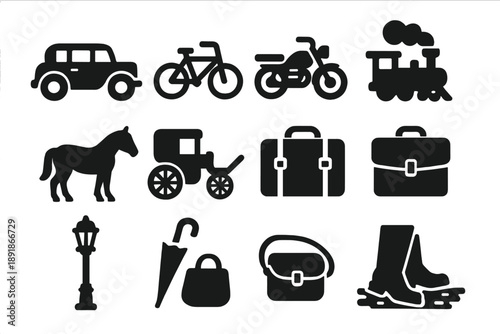 Detective Transportation Icons. Solid style icons of Detective transportation: vintage car, bicycle, motorcycle, train, horse, carriage, suitcase, briefcase, street lamp, umbrella, sidekick bag