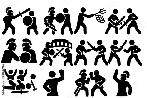Gladiator Combat Icons. Solid style icons of Gladiator combat: sword strike, shield block, net throw, trident thrust, helmet clash, arena fight