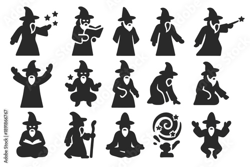 Wizard Poses Icons. Solid style icons of Wizard poses: casting spell, reading grimoire, pointing wand, summoning, levitating, crouching, sitting with book, walking with staff, meditating