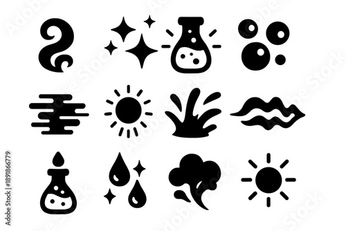 Magical Potion Effects. Solid style icons of Potion effects: smoke swirl, sparkles, glowing liquid, bubbles, mist, light aura, magical splash, energy wave, levitating liquid, shimmering droplets