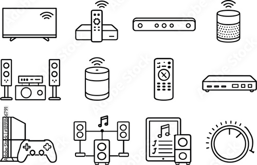 Line style vector icons of smart home entertainment devices: smart TV, streaming box, soundbar speaker, wireless speaker, home