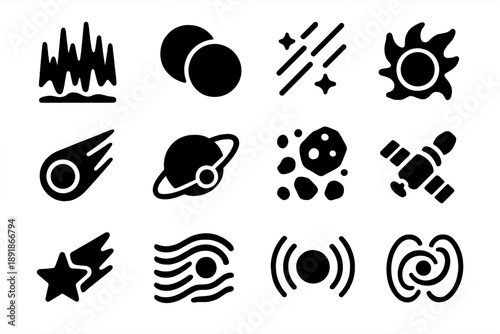 Space Phenomena Icons. Solid style icons of Space phenomena: aurora, eclipse, meteor shower, solar flare, comet trail, planetary orbit, asteroid belt, satellite, shooting star, cosmic wave