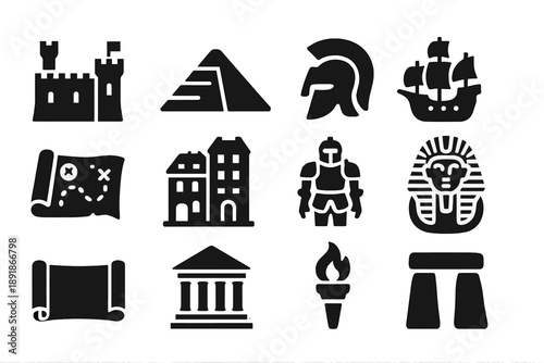 Historical Era Icons. Solid style icons of Historical eras: medieval castle, ancient pyramid, Roman helmet, vintage ship, explorer map, old town