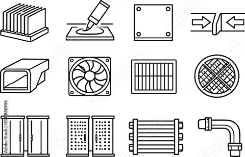 Line style vector icons of server cooling core: heat sink fins, thermal paste layer, copper base plate, airflow channel, cooling