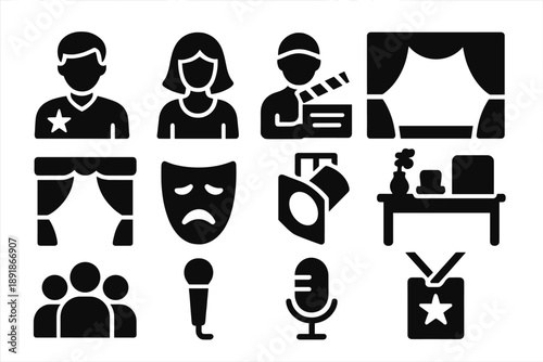 Theater Icons Collection. Solid style icons of Theater performance: actor, actress, director, script, stage curtain, drama mask, stage light, prop table, podium, audience, 
