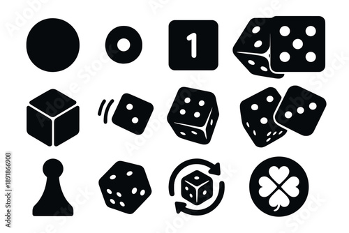 Dice Icon Collection. Solid style icons of Dice symbols: dot, pip, number face, six-side, cube, throw icon, roll icon, random icon, chance symbol, game piece icon, luck icon, 