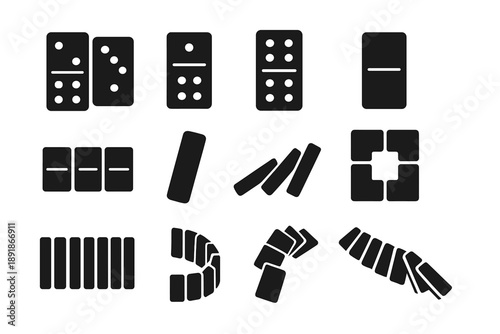 Domino Icon Set. Solid style icons of Domino patterns: tile pair, single three, double four, single zero, domino 