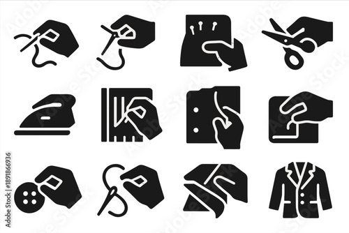 Tailor Action Icons. Solid style icons of Tailor actions: stitching by hand, threading needle, pinning fabric, cutting cloth, ironing seam, measuring fabric, adjusting pattern, 