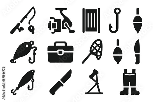 Fishing Gear Icons. Solid style icons of Fishing tools: fishing rod, reel, fishing line, hook, bait, tackle box, net, float, lure, fishing knife, rod holder, waders No text, No labels, isolated 