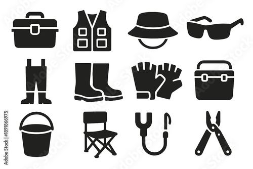 Angler Accessories Icons. Solid style icons of Angler accessories: tackle box, fishing vest, hat, sunglasses, waders, boots, gloves, cooler, bucket, chair, rod holder, multi-tool 