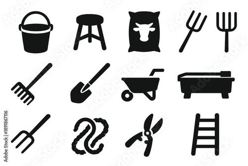 Farm Tools Icons. Solid style icons of Farm tools: bucket, milking stool, feed bag, pitchfork, rake, shovel, wheelbarrow, water trough, hay fork, rope, pruning shears, 