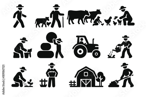 Farm Lifestyle Icons. Solid style icons of Farm lifestyle: farmer walking, herding cows, feeding animals, milking, stacking hay,