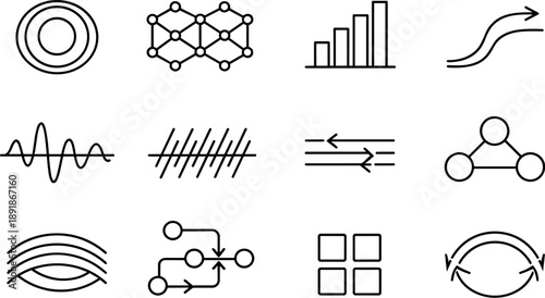 DevOps Vector Icons. Line style vector icons of web development deployment and DevOps tools: modulation ring, resonance mesh,