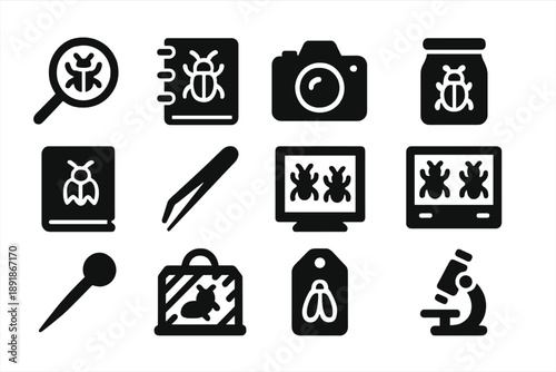 Insect Observation Tools. Solid style icons of Insect observation: magnifying glass, notebook, camera, jar, field guide, tweezers, display case, insect box, pin, observation isolated transparent