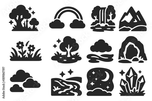 Enchanted Fantasy Icons. Solid style icons of Fantasy environment: enchanted forest, rainbow, waterfall, meadow, magical glade,