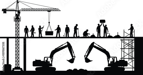 Black silhouette of urban construction site with workers engineers crane and excavators building a two level infrastructure project for industrial design,