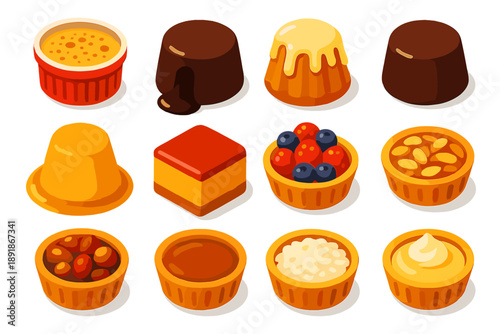 Colorful Dessert Icons. Isometric vector illustration set sweet treats collection: soufflé dish, molten lava cake, mini bundt cake, chocolate fondant, sponge pudding, glazed 