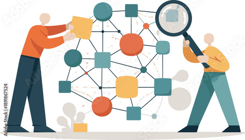 Two abstract geometric figures interconnect and organize multiple connected shapes into visible structured network emphasizing