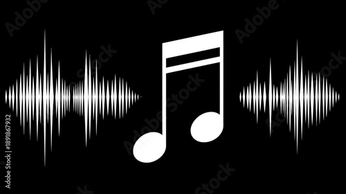 A stark white musical note between two sound waves on a deep black background