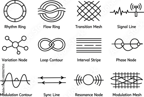 Line style vector icons of tunnel engineering: rhythm ring, flow ring, transition mesh, signal line, variation node, loop contour