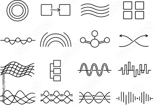 UX Wireframe Icons. Line style vector icons of user experience wireframing design: propagation ring, transition line, wave bar,