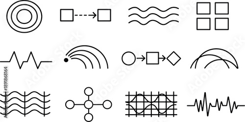 UX Wireframe Icons. Line style vector icons of user experience wireframing design: propagation ring, transition line, wave bar,