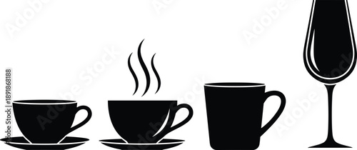Black silhouette set of coffee cups tea mugs and wine glass isolated on white background for cafe restaurant menu and kitchen decor,