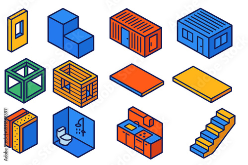 Colorful Construction Icons. Isometric vector illustration set Construction: prefabricated wall panel, modular building block,