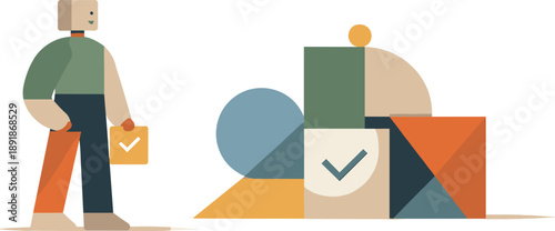 Abstract Geometric Completion. Calm abstract geometric figure stands beside final cohesive arrangement of interrelated shapes in