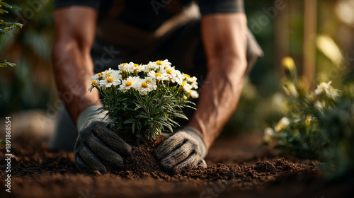 Hands wearing dark gloves planting white daisy flowers in brown soil, gardening activity with blooming marguerite plant outdoors