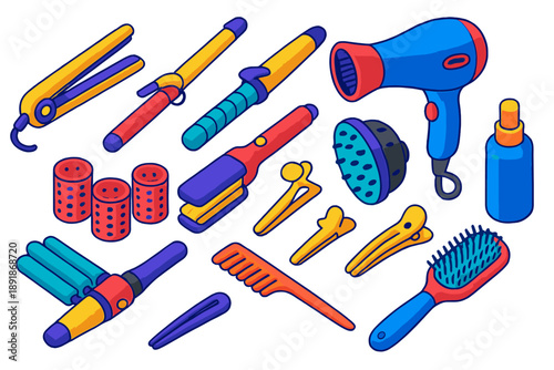 Makeup Essentials Icons. Isometric vector illustration set Makeup Essentials and Accessories: hair straightener, curling iron,