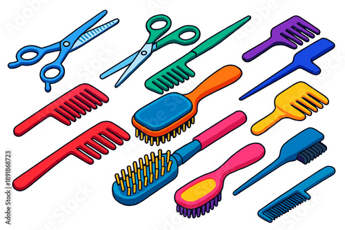 Colorful Hairdressing Tools Icons. Isometric vector illustration set Hairdressing and Grooming Tools: thinning scissors, barber