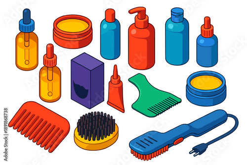 Isometric Beard Grooming Tools. Isometric vector illustration set Hairdressing and Grooming Tools: beard oil, beard balm, beard