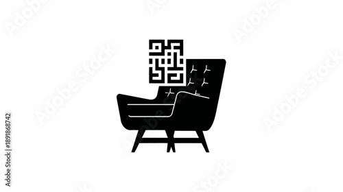 A black silhouette of an armchair with a tufted back, and a square design hovering above it