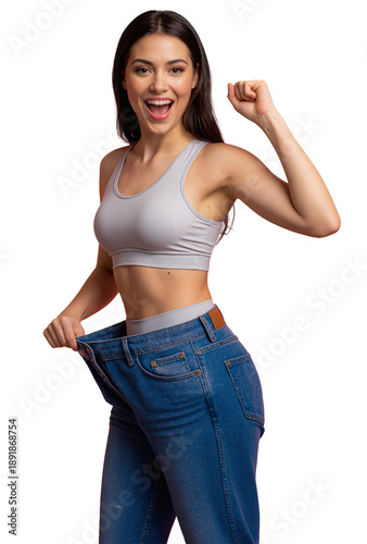 Mulher Morena Vestindo Roupas Cinza Fitness de Academia e Calça Jeans Comemorando o Emagrecimento